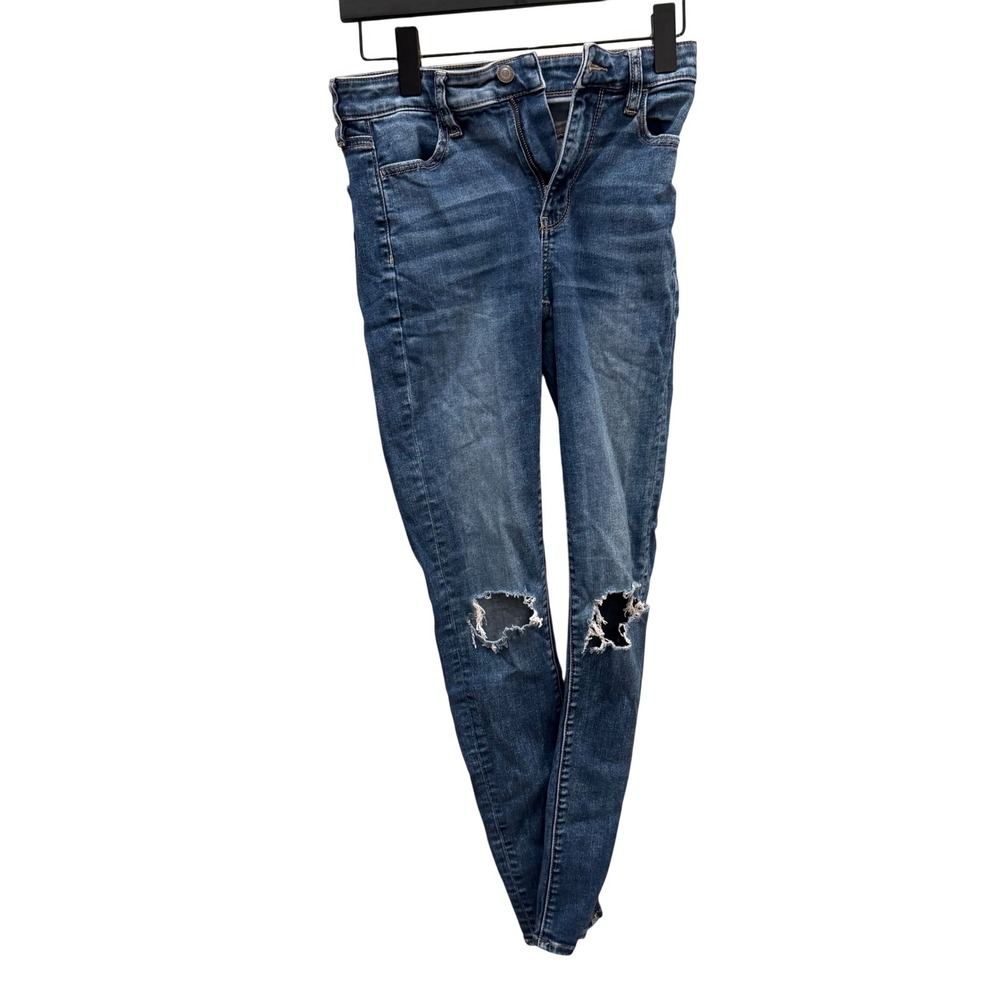 American Eagle Skinny Jeans Womens 0 LONG Blue Distressed Ripped Knee High Rise